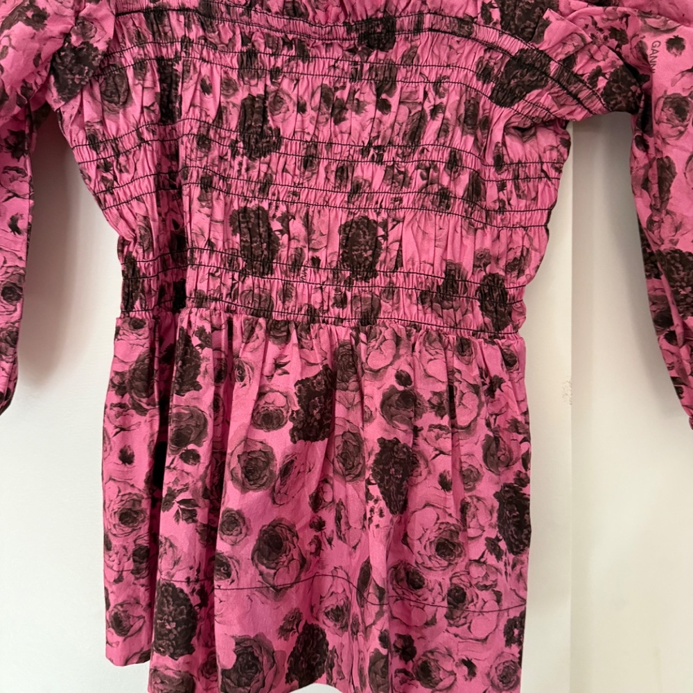 GANNI Pink and Black Floral Smocked Cotton Top - Sz 38 US 6 - Picture 11 of 12
